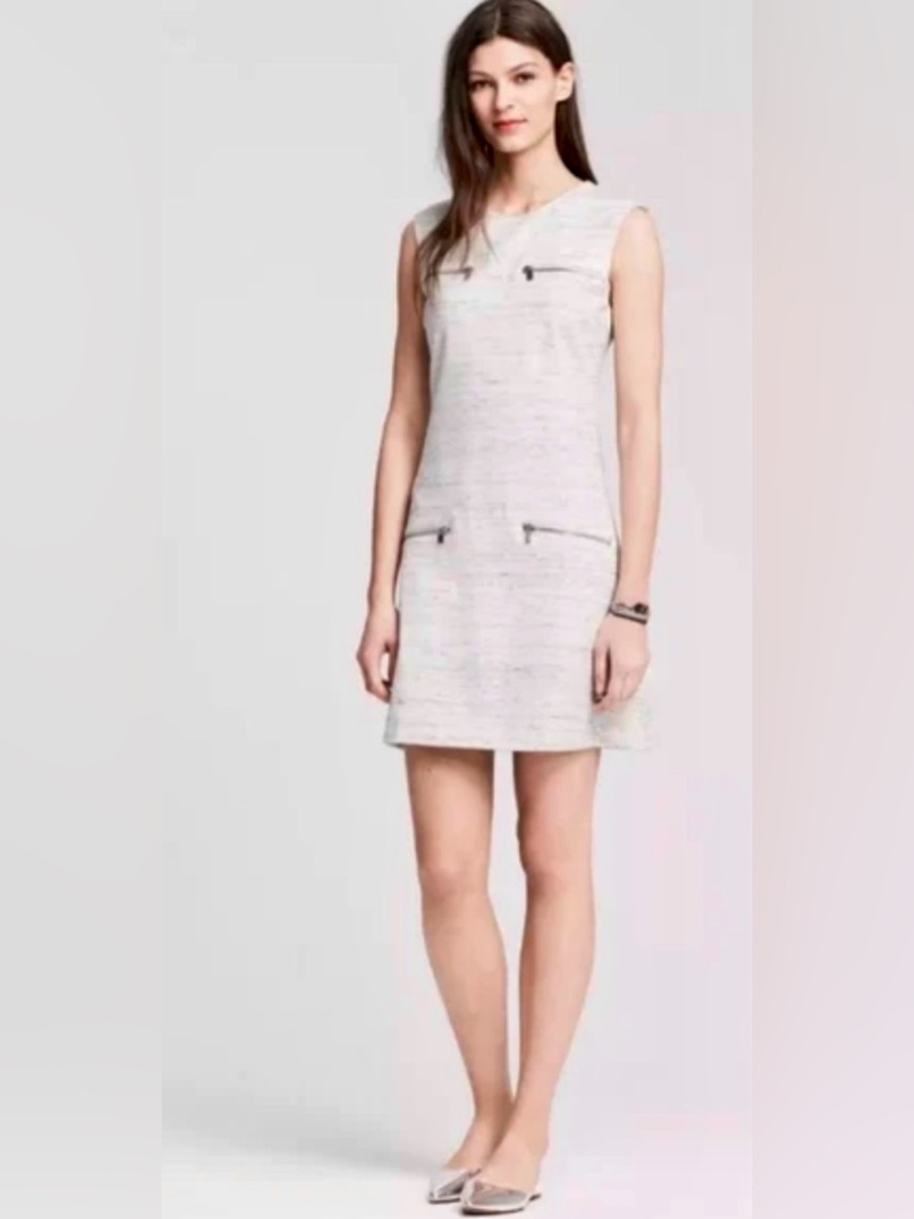 Banana Republic Heathered White Mini Dress with Silver Zippers Pockets